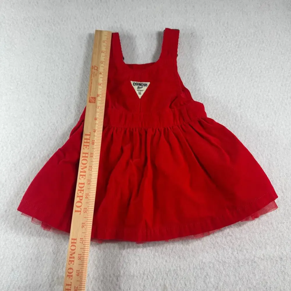 OshKosh B'Gosh 18M Corduroy Dress Red Ruffles Flower Rew White Blue